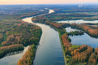 Vue aérienne de Le Rhin vu du sud avec l'île Rott sur le Rhin à Linkenheim-Hochstetten dans le département Bade-Wurtemberg, Allemagne