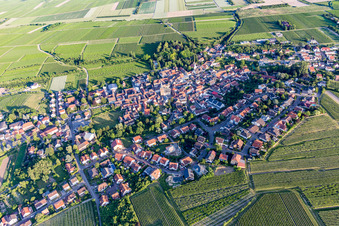 Vue aérienne de Vue du village en bordure des champs agricoles et des terres agricoles à Großkarlbach dans le département Rhénanie-Palatinat, Allemagne