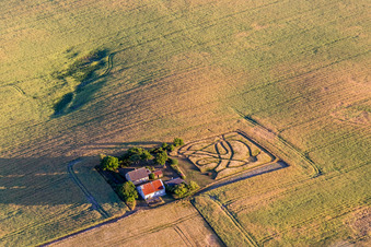Vue aérienne de Ferme et dépendances entourées de champs de céréales à Borre dans le département Sjaelland, Danemark