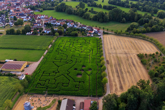 Labyrinthe de maïs, lieu de mariage et salon de plage Seehof à Steinweiler dans le département Rhénanie-Palatinat, Allemagne hors des airs
