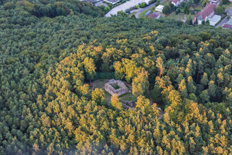 Vue aérienne de Ruines et vestiges des murs de l'ancien complexe du château Burg Schlössel à Klingenmünster dans le département Rhénanie-Palatinat, Allemagne