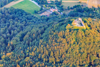 Ruines du château de Lindelbrunn à Vorderweidenthal dans le département Rhénanie-Palatinat, Allemagne depuis l'avion