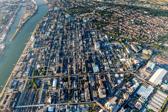 Vue aérienne de Site de l'usine du producteur chimique BASF entre le Rhin et le quartier de Friesenheim à le quartier BASF in Ludwigshafen am Rhein dans le département Rhénanie-Palatinat, Allemagne