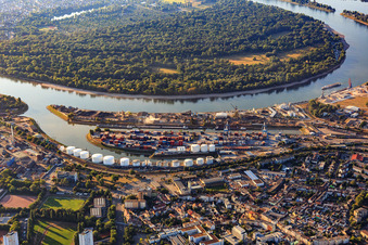 Vue aérienne de Kaiserwörthhafen et Reisinsel de l'autre côté du Rhin à le quartier Mundenheim in Ludwigshafen am Rhein dans le département Rhénanie-Palatinat, Allemagne