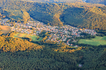 Vue aérienne de Vue de la forêt du Palatinat le matin depuis le sud-est à Ruppertsweiler dans le département Rhénanie-Palatinat, Allemagne
