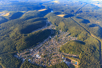Vue aérienne de Vue d'ensemble de la forêt du Palatinat le matin depuis le nord à le quartier Hohenecken in Kaiserslautern dans le département Rhénanie-Palatinat, Allemagne