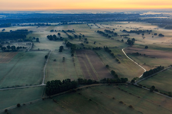 Vue aérienne de Brouillard matinal sur la vallée de l'Elbe à Echem à Echem dans le département Basse-Saxe, Allemagne