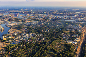 Vue aérienne de Quartier Elbinselquartier jusqu'au Schlangenedeich à le quartier Wilhelmsburg in Hamburg dans le département Hambourg, Allemagne