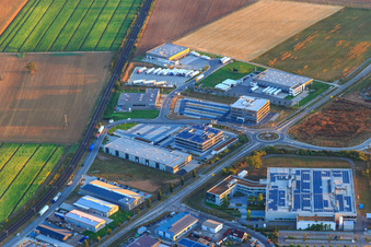 Vue aérienne de Zone industrielle dans la vallée de Speyer avec Markthalle 5, Resinnovation GmbH, Kardex Software GmbH et ITK Engineering GmbH à Rülzheim dans le département Rhénanie-Palatinat, Allemagne