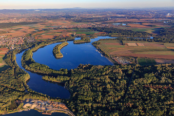 Vue aérienne de Kollersee avec l'île Leberwurst à Brühl dans le département Rhénanie-Palatinat, Allemagne