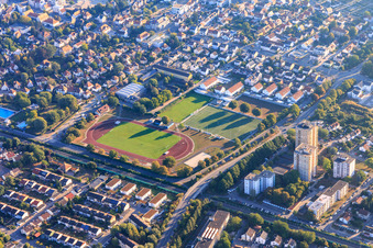 Vue aérienne de Stade Starkenburg, Nibelungenhalle à Heppenheim dans le département Hesse, Allemagne