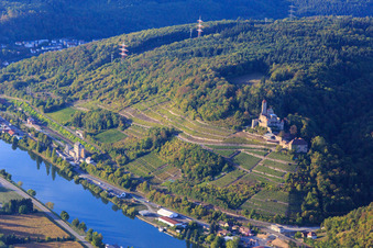 Vue aérienne de Château de Hornberg avec chapelle de mariage au-dessus des vignobles du Neckar à Neckarzimmern dans le département Bade-Wurtemberg, Allemagne