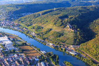 Vue aérienne de Château de Hornberg avec chapelle de mariage au-dessus des vignobles du Neckar à Neckarzimmern dans le département Bade-Wurtemberg, Allemagne