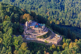 Ruines du château de Rietburg à Rhodt unter Rietburg dans le département Rhénanie-Palatinat, Allemagne depuis l'avion