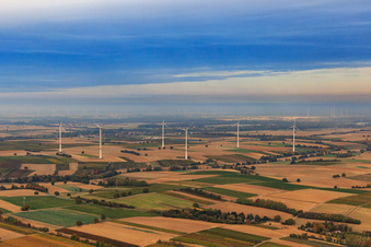 Vue aérienne de Parc éolien EnBW - éolienne avec 6 éoliennes du sud-ouest à Freckenfeld dans le département Rhénanie-Palatinat, Allemagne