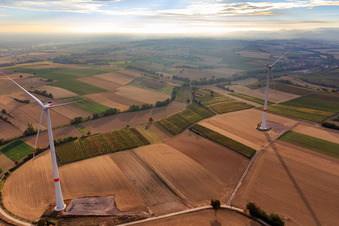 Parc éolien EnBW - éolienne avec 6 éoliennes à Freckenfeld dans le département Rhénanie-Palatinat, Allemagne vue d'en haut