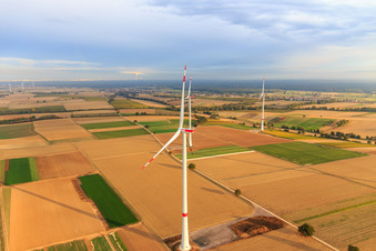 Parc éolien EnBW - éolienne avec 6 éoliennes à Freckenfeld dans le département Rhénanie-Palatinat, Allemagne depuis l'avion