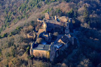 Photographie aérienne de Ruines du château de Madenburg : vestiges d'un château du XIe siècle au sommet d'une colline entouré de forêts avec un restaurant à Eschbach dans le département Rhénanie-Palatinat, Allemagne