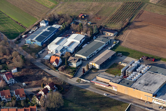 Vue aérienne de Parc industriel Kurfürstenstraße avec le domaine viticole ZGM Zimmermann-Graeff & Müller GmbH & Co. et la station DEKRA Automobil GmbH Bad Bergzabern à le quartier Pleisweiler in Bad Bergzabern dans le département Rhénanie-Palatinat, Allemagne