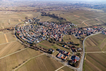 Vue aérienne de Des terres agricoles et des vignobles entourent la zone d'implantation du village au pied du petit Kalmit dans le Palatinat à Ilbesheim bei Landau dans le département Rhénanie-Palatinat, Allemagne