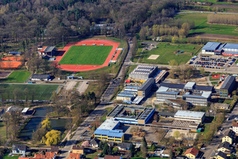 Vue aérienne de Stade et centre scolaire Bienwald avec Realschule plus Kandel et école polyvalente intégrée Kandel à Kandel dans le département Rhénanie-Palatinat, Allemagne