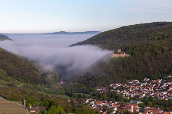 Photographie aérienne de Le château de Landeck dans la brume matinale à Klingenmünster dans le département Rhénanie-Palatinat, Allemagne
