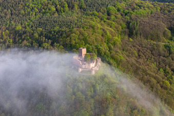 Le château de Landeck dans la brume matinale à Klingenmünster dans le département Rhénanie-Palatinat, Allemagne vue d'en haut
