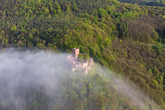 Le château de Landeck dans la brume matinale à Klingenmünster dans le département Rhénanie-Palatinat, Allemagne depuis l'avion