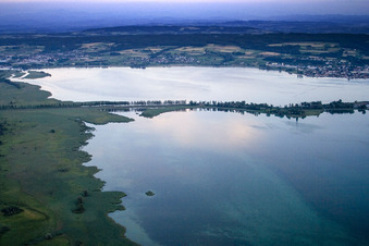 Vue aérienne de Jetée vers l'île du lac Reichenau entre Untersee et Gnadensee sur le lac de Constance dans la lumière du soir dans le quartier Insel Reichenau à le quartier Lindenbühl in Reichenau dans le département Bade-Wurtemberg, Allemagne