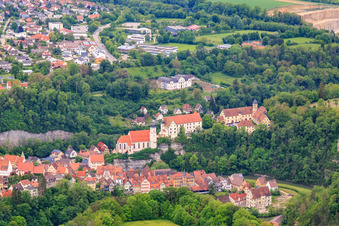 Vue aérienne de Château Haigerloch, église du château de la Sainte-Trinité et musée de la cave atomique Haigerloch au-dessus de l'Eyach à Haigerloch dans le département Bade-Wurtemberg, Allemagne
