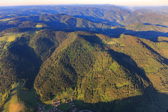 Vue aérienne de Vue d'une clairière avec Schwarzwaldhof dans le district de Horben à le quartier Halbmeil in Wolfach dans le département Bade-Wurtemberg, Allemagne