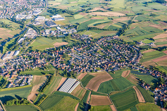 Vue aérienne de Vue de la ville en bordure des champs agricoles et des terres agricoles en Sand à le quartier Sand in Willstätt dans le département Bade-Wurtemberg, Allemagne