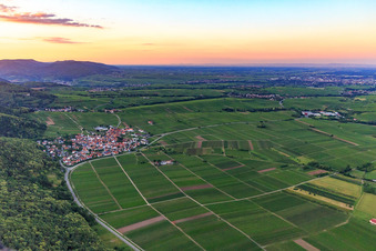 Vue aérienne de Village viticole baigné par la lumière du soir, en bordure de la forêt palatine vue du sud à Eschbach dans le département Rhénanie-Palatinat, Allemagne