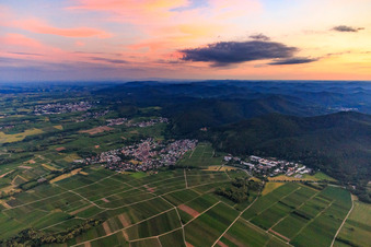 Vue aérienne de Village viticole baigné par la lumière du soir, en bordure de la forêt palatine vue du nord à Klingenmünster dans le département Rhénanie-Palatinat, Allemagne