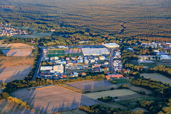Vue aérienne de Zone industrielle sud à Rehbach avec Kaufland Haßloch, Autocenter Pfalz GmbH & Co. KG et terrain de football Hassloch 8-Balls à Haßloch dans le département Rhénanie-Palatinat, Allemagne