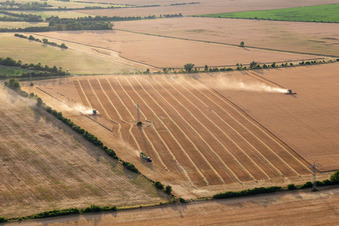 Vue aérienne de Récolte de colza à le quartier Mühlberg in Drei Gleichen dans le département Thuringe, Allemagne
