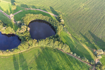 Vue aérienne de Deux étangs ronds dans le champ à le quartier Röpersdorf in Nordwestuckermark dans le département Brandebourg, Allemagne