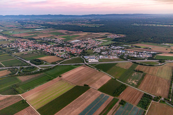 Vue aérienne de Vue de la ville depuis l'est, au-delà de l'autoroute B9 à Schwegenheim dans le département Rhénanie-Palatinat, Allemagne