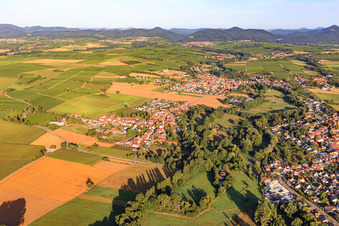 Vue aérienne de Du nord-est à le quartier Mühlhofen in Billigheim-Ingenheim dans le département Rhénanie-Palatinat, Allemagne