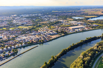 Vue aérienne de Franz-Kirmeier-Straße sur les rives du Rhin, depuis le port de plaisance Speyer via le chantier Alte Ziegelei, Industriehof jusqu'à NEG Novex à Speyer dans le département Rhénanie-Palatinat, Allemagne
