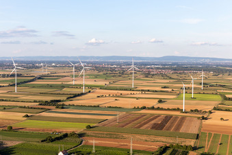 Vue aérienne de Éoliennes à le quartier Heiligenstein in Römerberg dans le département Rhénanie-Palatinat, Allemagne
