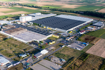 Photographie aérienne de Complexe d'entrepôts à hauts rayonnages et centre logistique dans les locaux de l'entrepôt de pièces détachées Mercedes Benz à Offenbach an der Queich dans le département Rhénanie-Palatinat, Allemagne