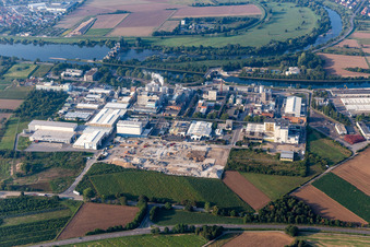Vue aérienne de Installations techniques dans le parc industriel de Saint-Gobain Isover G+H AG, ICL Allemagne Ladenburg / BK Giulini GmbH et Jungbunzlauer Ladenburg GmbH à Ladenburg dans le département Bade-Wurtemberg, Allemagne