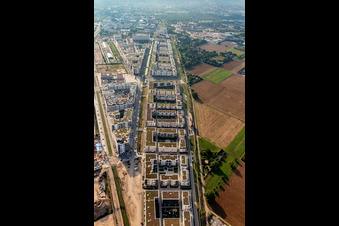 Quartier résidentiel du complexe d'immeubles sur Marie-Baum-Straße - Green Mile - Eppelheimer Straße à le quartier Bahnstadt in Heidelberg dans le département Bade-Wurtemberg, Allemagne depuis l'avion