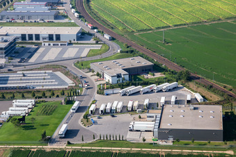 Vue aérienne de Zone industrielle dans la vallée de Speyer avec Markthalle 5 et Resinnovation GmbH à Rülzheim dans le département Rhénanie-Palatinat, Allemagne