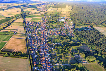 Vue aérienne de Vue de la ville depuis l'ouest, entre la voie ferrée et la forêt de Bienwald à le quartier Schaidt in Wörth am Rhein dans le département Rhénanie-Palatinat, Allemagne