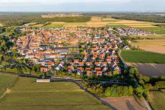 Vue aérienne de Vue d'ensemble du village depuis l'ouest au-delà de la voie ferrée à Steinweiler dans le département Rhénanie-Palatinat, Allemagne