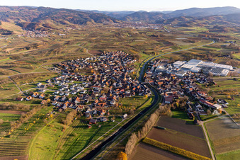 Vue aérienne de Les rives de la rivière Rench en Stadelhofen à le quartier Stadelhofen in Oberkirch dans le département Bade-Wurtemberg, Allemagne