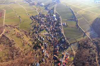 Vue aérienne de Vue du village viticole depuis l'ouest à Leinsweiler dans le département Rhénanie-Palatinat, Allemagne