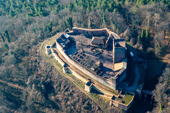 Vue aérienne de Ruines et vestiges des murs de l'ancien complexe du château de Burg Landeck à Klingenmünster dans le département Rhénanie-Palatinat, Allemagne